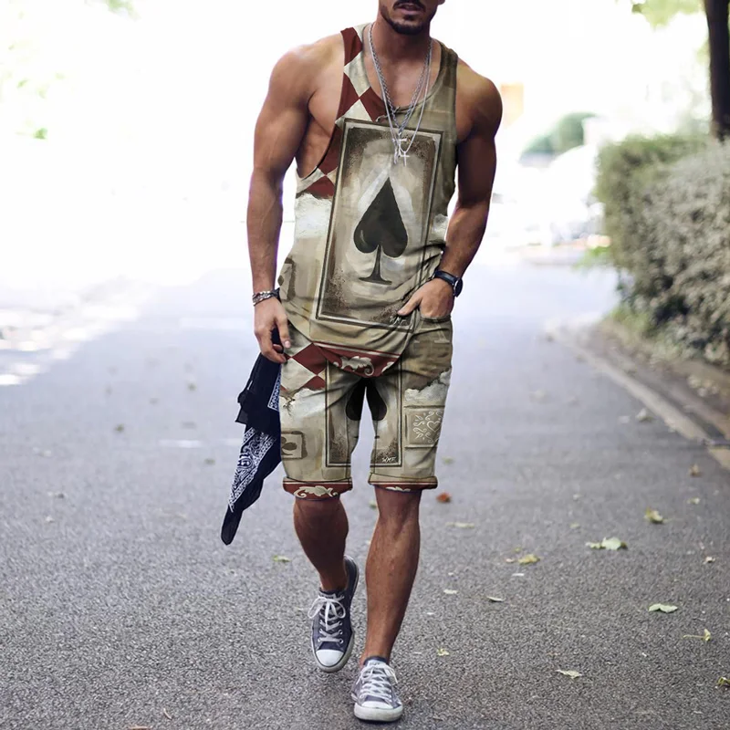 Men's Sleeveless Vest Suit Summer New Fashion Brand Tops + Shorts Two-Piece Playing Card Retro Harajuku 3D Printing Fitness Wear