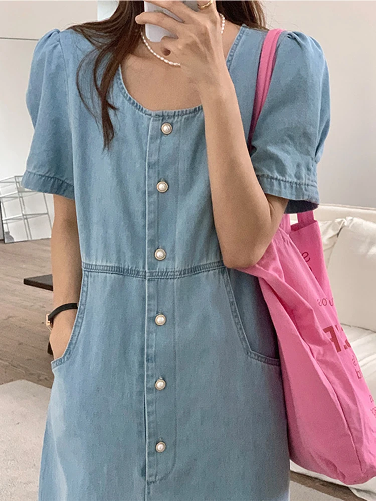 

Light Blue Denim Dress 2022 Summer New Chic Single Breasted Loose Straight Tube Slim Dress Round Neck Birthday Dress For Women