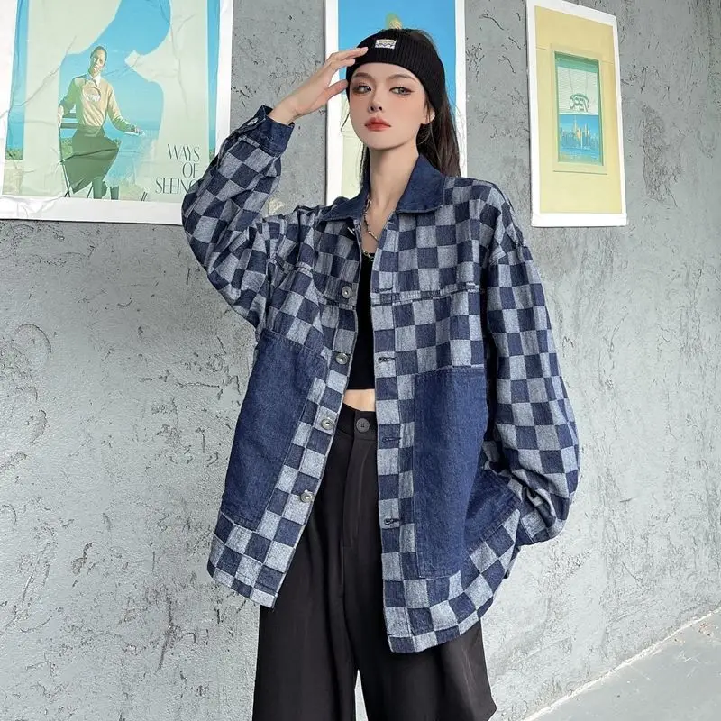 

Lapel checked denim jacket High street hip hop loose pair jacket for men and women designer jean jacket women blue girls coats