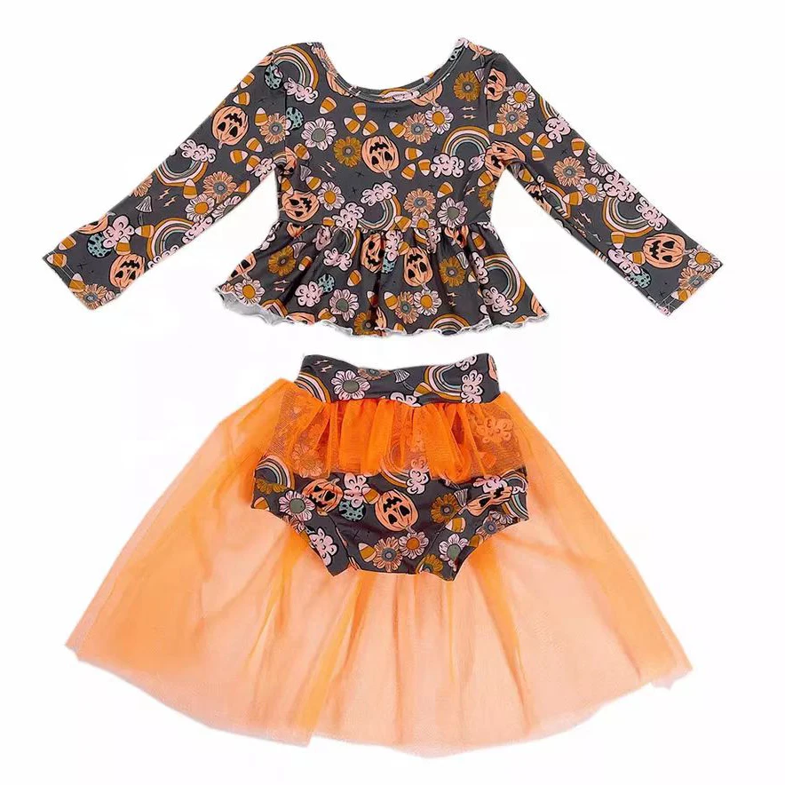 

New Baby Halloween Outfits Long Sleeves Ghost Pumpkin Top Toddler Infant Chiffon Bummie Set