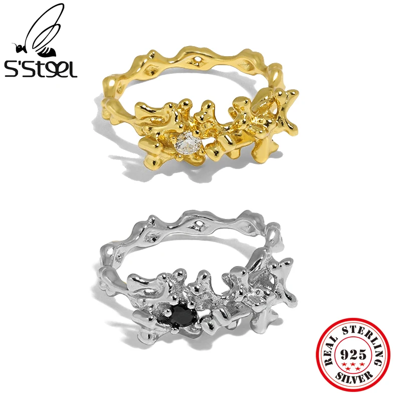 

S'STEEL Pure Silver 925 Black White Zircon Open Ring For Women's Unique Irregular Designer Y2k Punk Party 2022 Trend Accessories