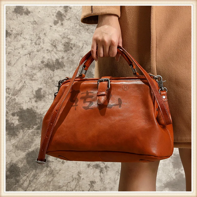 

Fashion Genuine Leather Long Strap Doctor Bags Shoulder Manual Natural Cowhide Women Bags