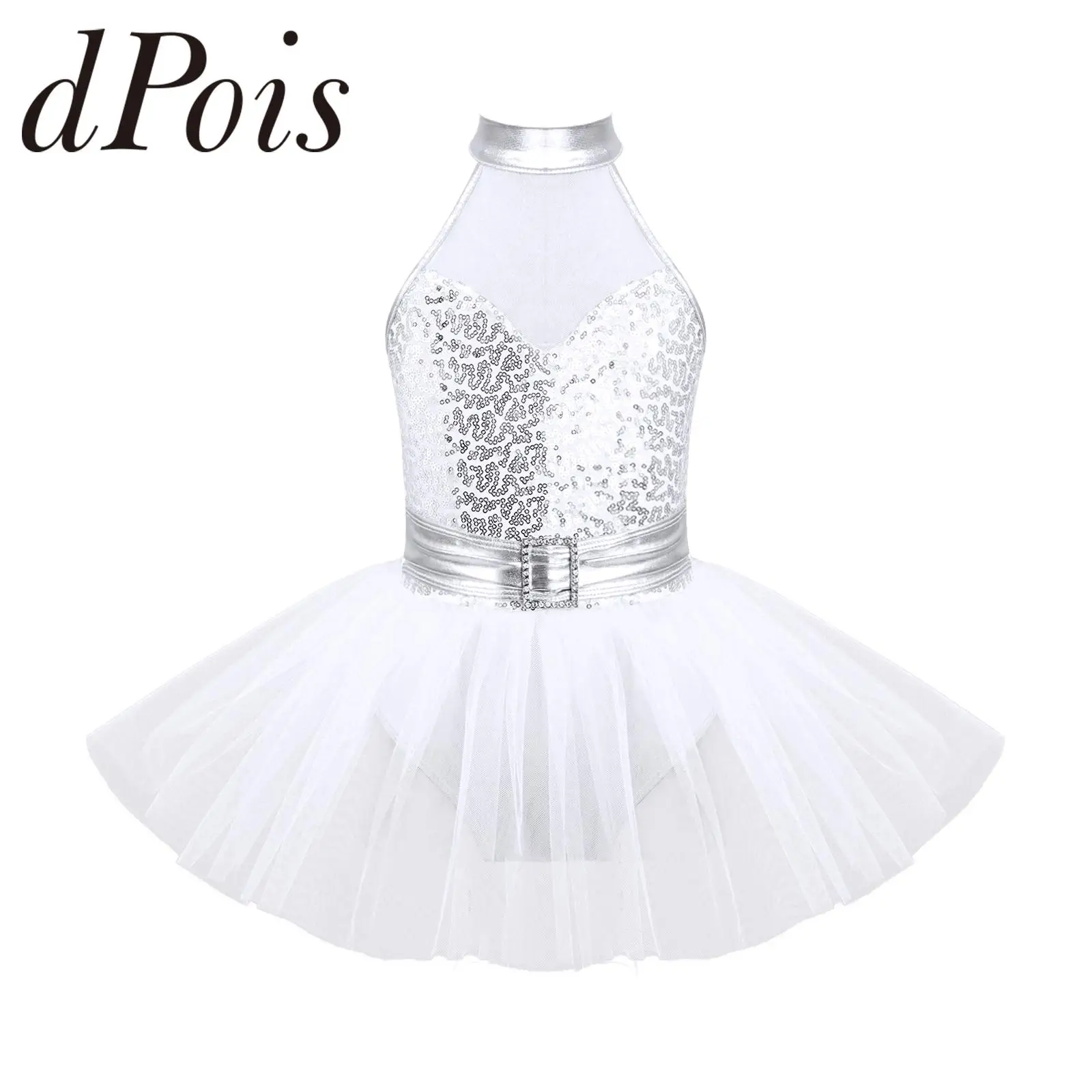 

Kids Girls Shiny Sequins Mesh Dance Tutu Ballet Dress Gymnastics Leotard Dress for Modern Latin Dancing Performance Dancewear