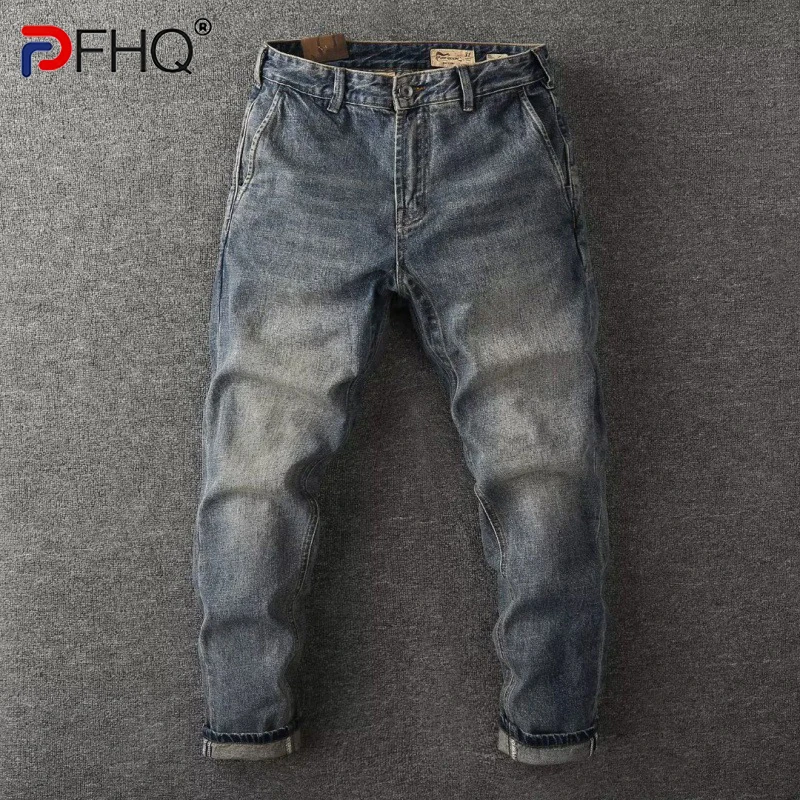 

PFHQ 2023 Spring Trendy Men's Elegant Denim Trousers Designer Fashion Straight Stretch Casual Jeans Slim Fit Wornout Pants New