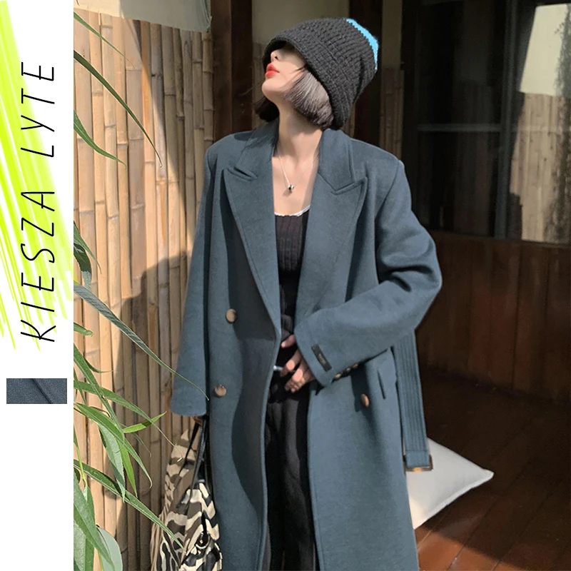 

2023 Зимняя шерстяная куртка женское элегантное однотонное серое двубортное теплое плотное Свободное длинное пальто женская верхняя одежда