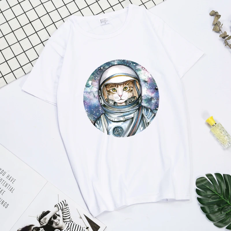 Astronaut Cat Women T-shirt Cute Cat Funny Cartoon T-shirt Harajuku Graphic T-shirt 90s Print T-shirt Fashion Top Tee Female