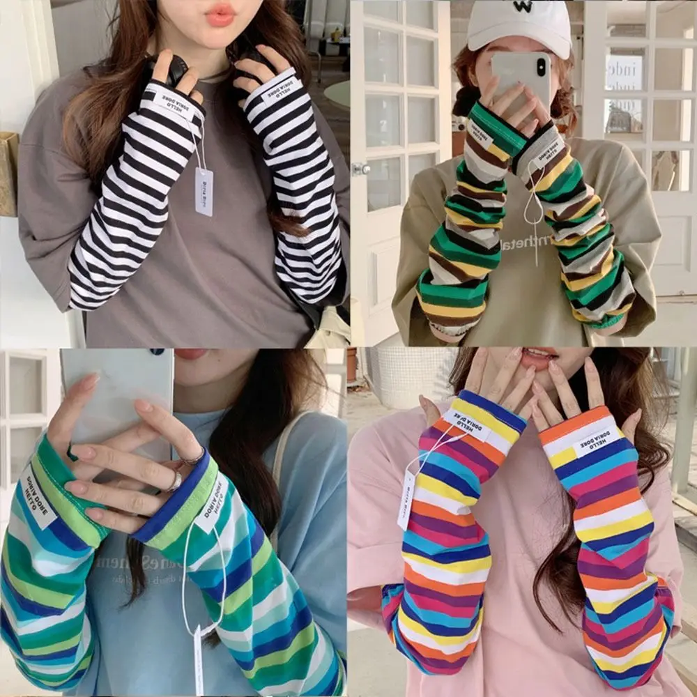 

New Summer Trend Ice Arm Sleeve Loose Stripe Women Long Fingerless Soft Sun Protection Driving Gloves Breathable Cool Sleeve