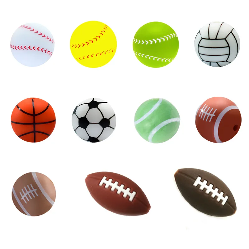 

10pcs New Football Basketball Baseball Volleyball Rugby Silicone Beads For DIY Making Bracelet Keyring Keychain Accessories