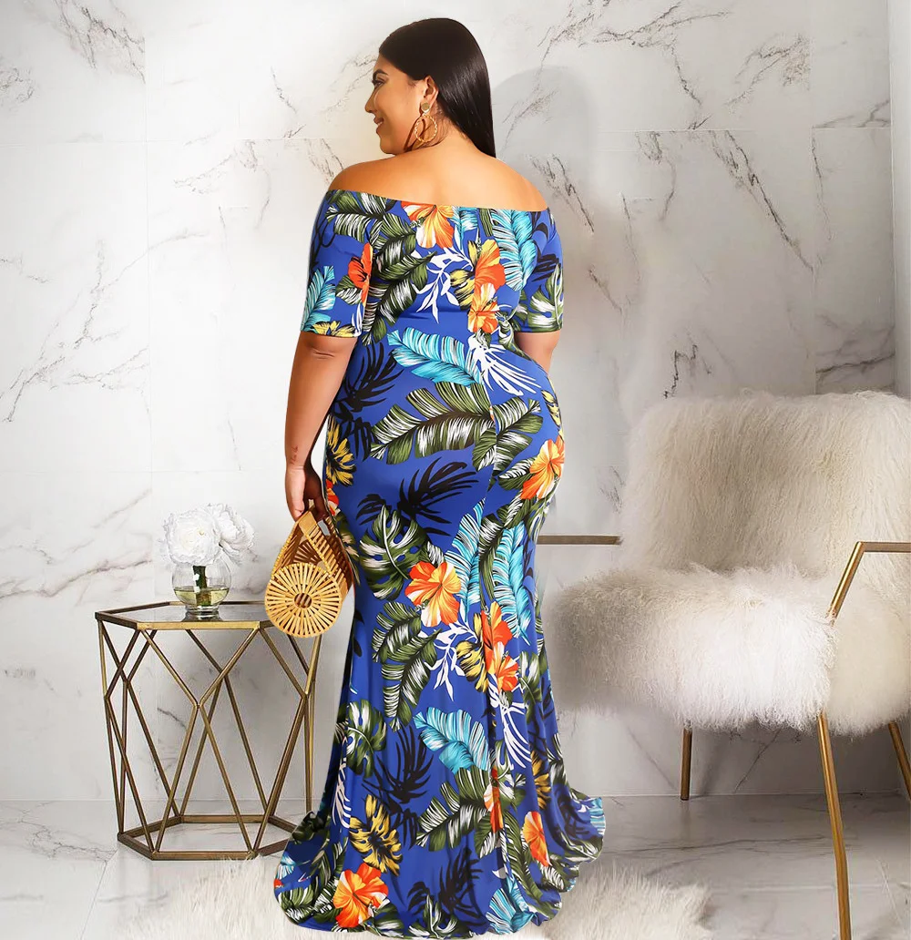 Plus Size New Women's Dress Fashion Bra Off The Shoulder Mop Dress Flower Leaf Print Long Dress Slim Fit Evening Maxi Dress