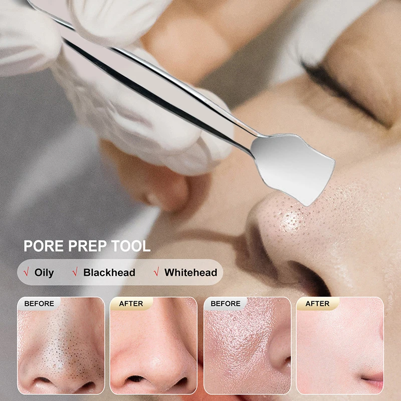 Двусторонний шпатель для черных точек из нержавеющей стали с кожаным чехлом