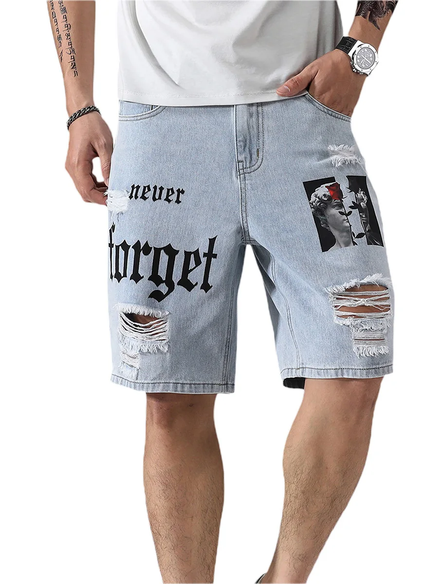 

Men s Casual Denim Shorts Classic Fit Ripped Distressed Pattern Print Summer Straigh Jeans Shorts