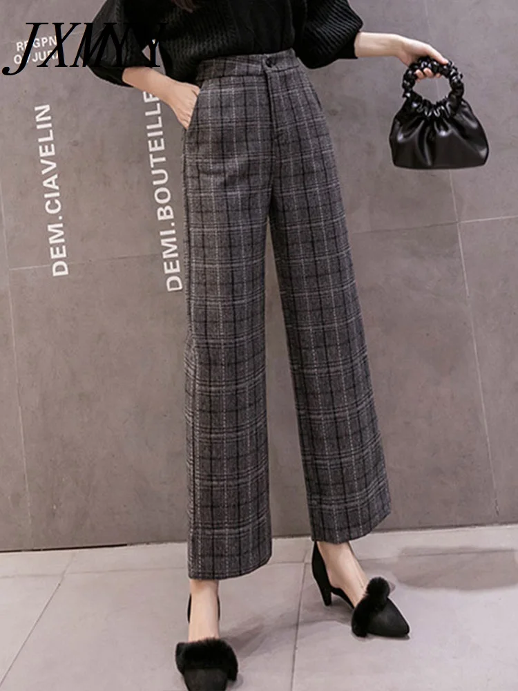 

Осень-зима 2022, шерстяные клетчатые брюки, женские эластичные брюки до щиколотки с высокой талией, женские брюки с широкими штанинами в стиле...