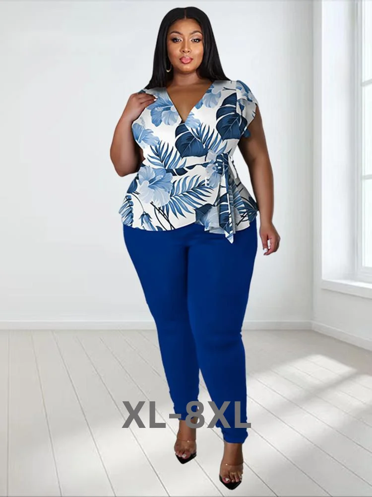 Plus Size Two Piece Outfits Pants Sets Women Summer Clothes Printed Top Solid Leggings Matching Wholes 3xl 4xl 5xl 6xl