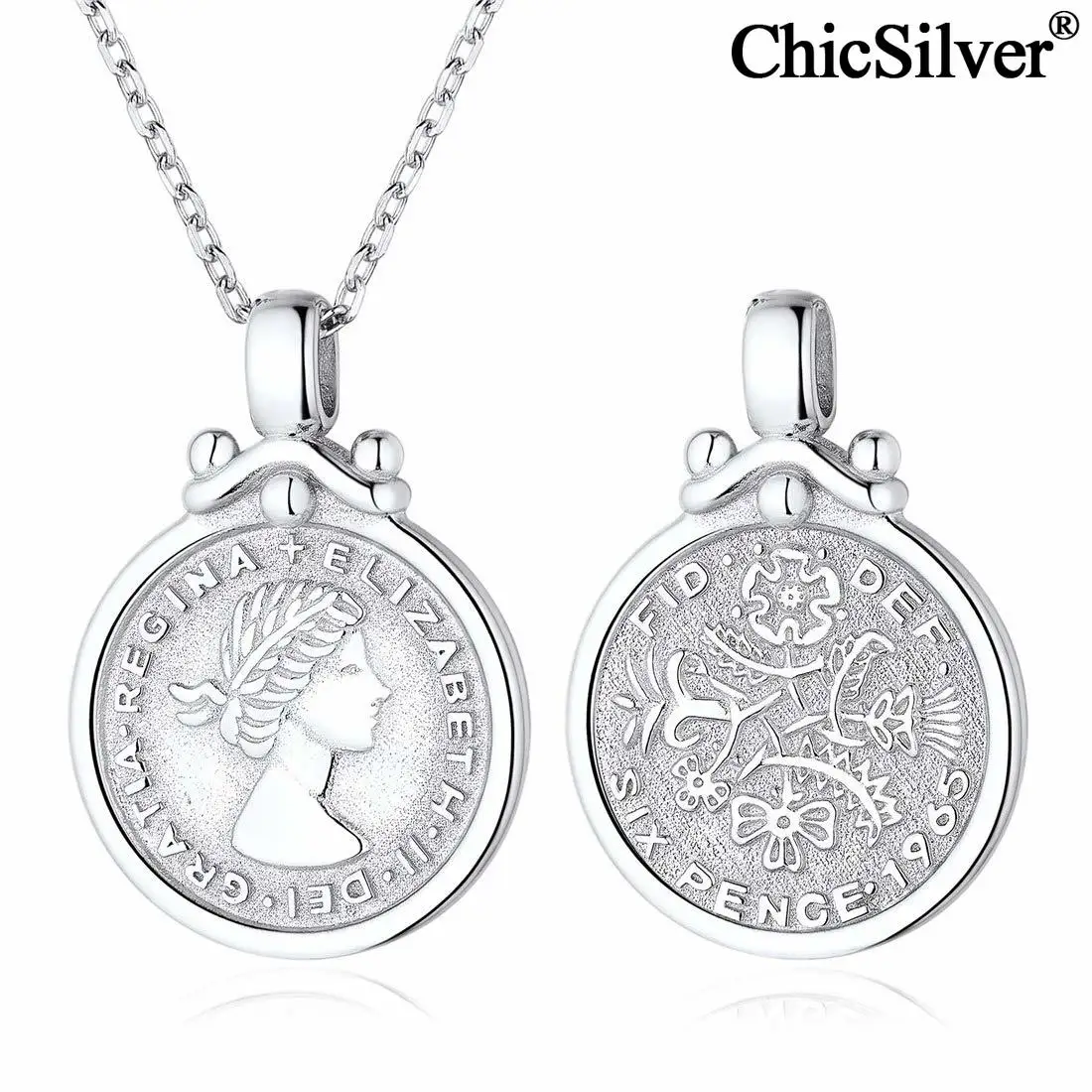 

ChicSilver Coin Necklace 925 Sterling Silver Elizabeth British Lucky Sixpence Coin Round Medallion Pendant Jewelry for Women