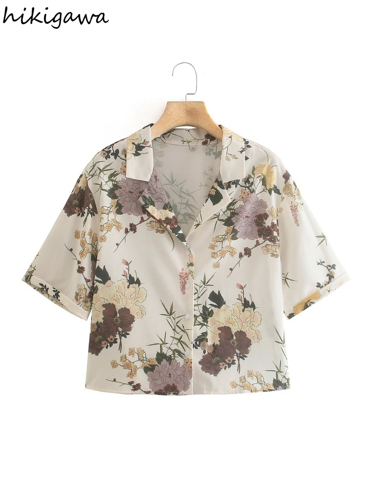 

Hikigawa Женская мода цветочный принт короткий рукав Свободные повседневные рубашки винтажная женская блузка на пуговицах Блузы шикарные топы...