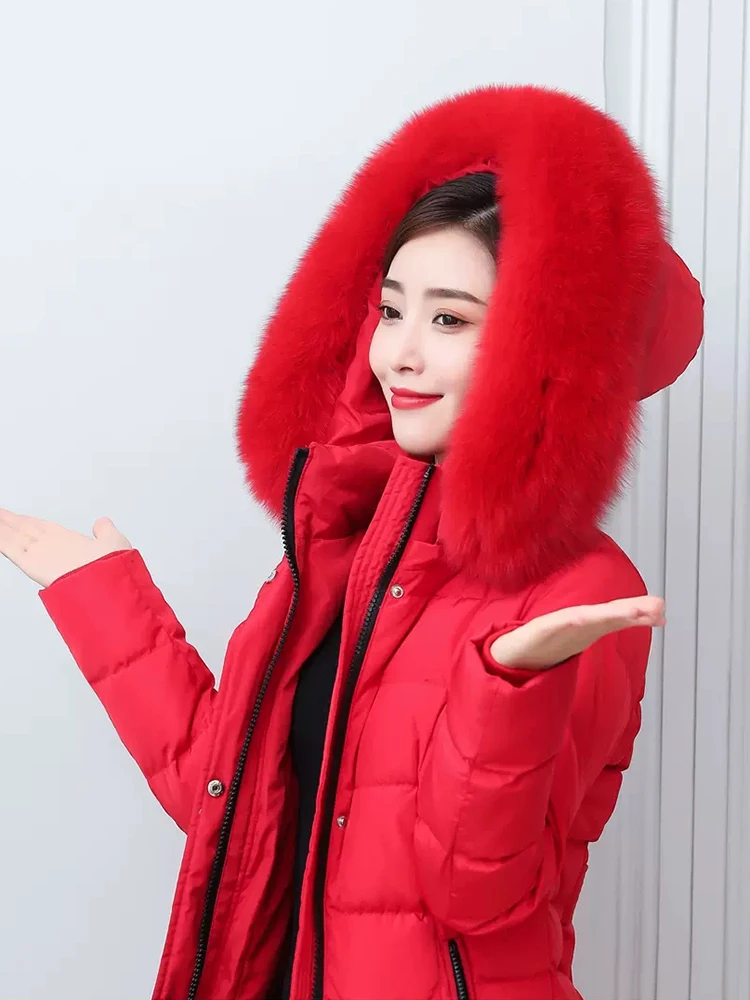 New Women Winter Down Coat Fashion Thicken Warm Real Fox Fur Collar Lengthened Down Jacket Detachable Hooded Slim Overcoat