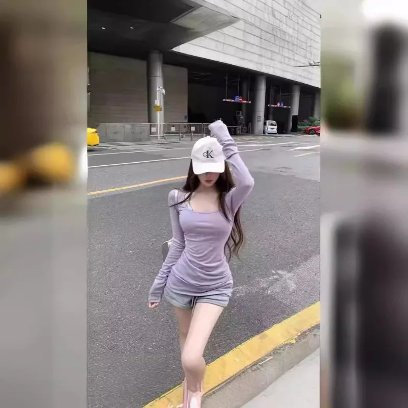 Корейская модная фиолетовая облегающая футболка с круглым вырезом и длинными