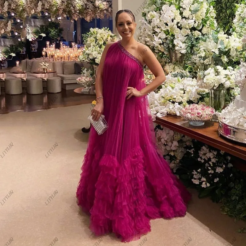 LIYYLHQ One Shoulder Long Prom Dresses Women Tiered Skirt A-Line Evening Party Pleated Tulle Formal Gowns Event Outfit