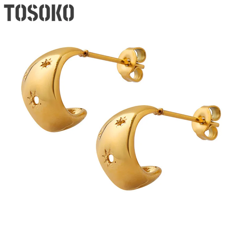 

TOSOKO Stainless Steel Jewelry C-Shaped Zircon Inlaid Earrings For Women Simple Fashion Earrings Plated With 18K Gold BSF100