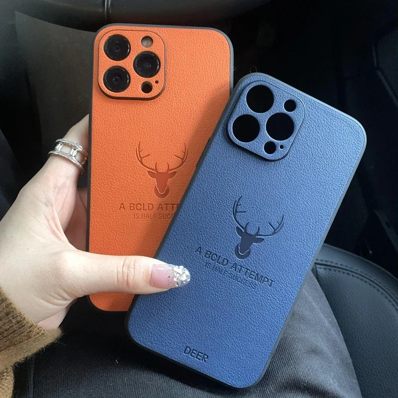 

Luxury Leather Texture Shockproof Armor Case For iPhone 14 Plus 13 11 12 Pro Max Mini X XR XS Deer Full Camera Protection Cover