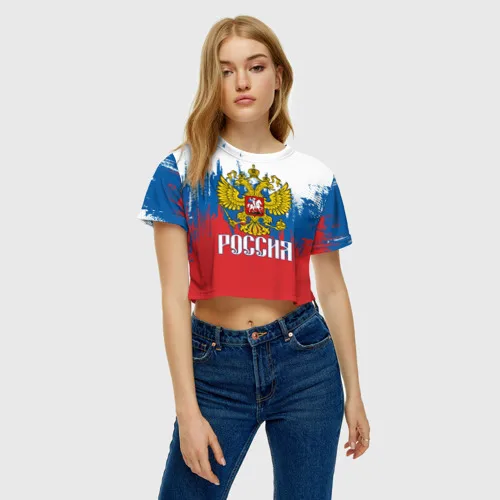 Женская футболка Crop-top 3D РОССИЯ ТРИКОЛОР |