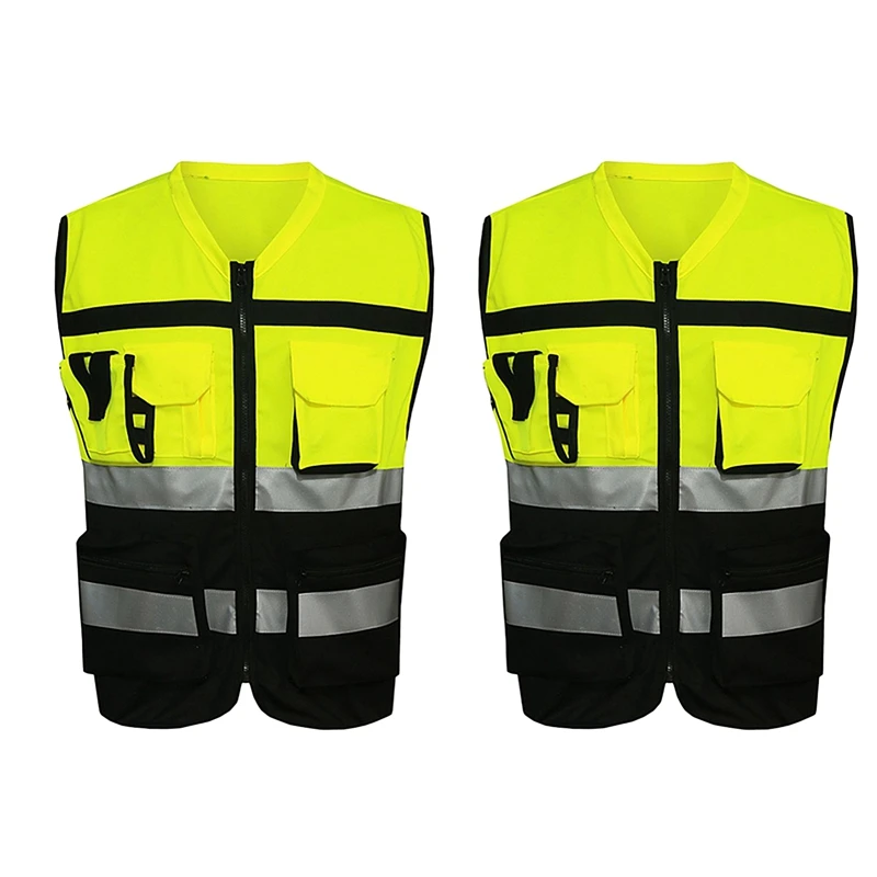 

2Pcs 7 Pockets Class 2 High Visibility Zipper Front Safet Vest With Reflective Strips.Ansi/Isea Standards,L & XXL