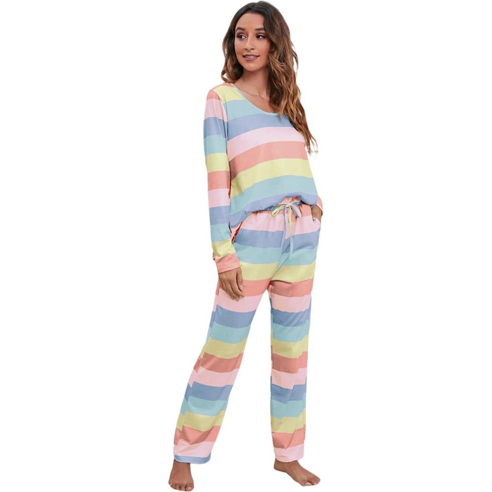 

Spring Womens Pajama Set Rainbow Color Striped Long Sleeve Top & Loose Pants Drawstring Bottoms Pullover Sleepwear