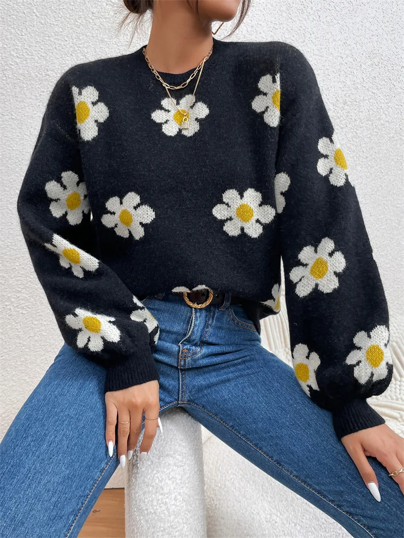 

Women sweater Cute Flower Pattern Woman Sweater Winter Autumn Female Knitted Pullovers Street Wear Oversize knitwears jerseys
