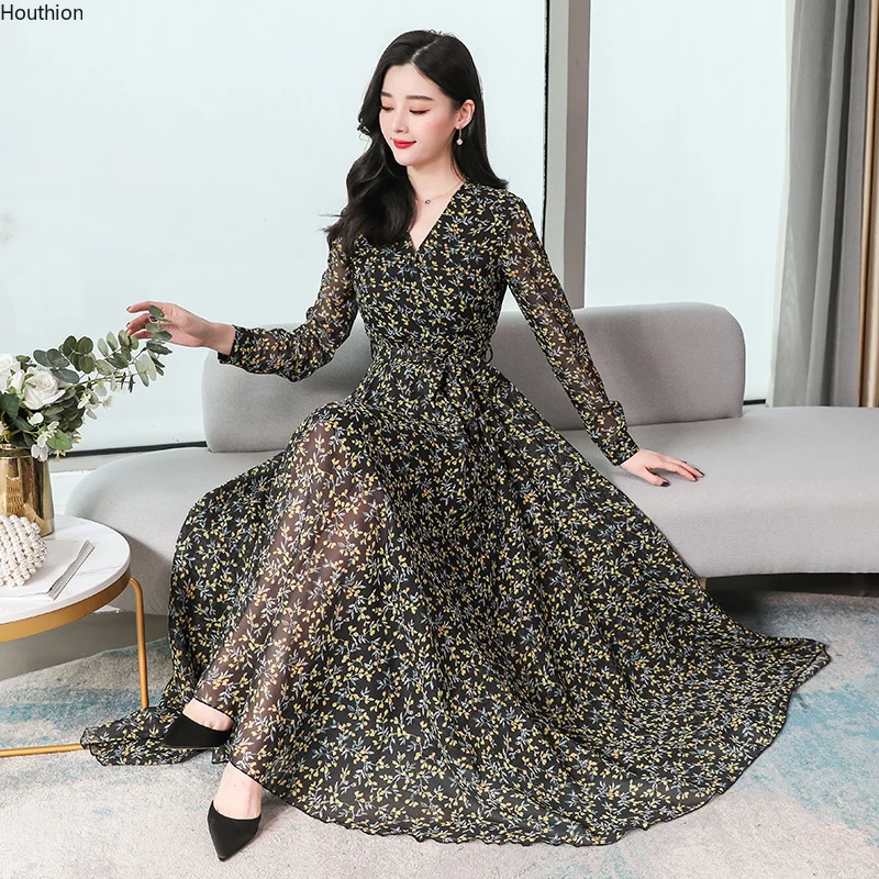 

Movafag Women's Dresses Loose Pinting Long Bohemia New Draw Back Fashion Mid V-Neck Chiffon A-LINE