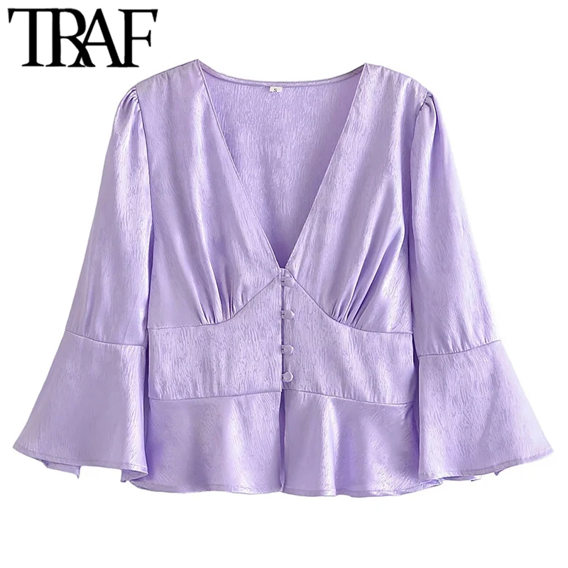 

Блузка женская жаккардовая на пуговицах спереди, с V-образным вырезом и рукавом