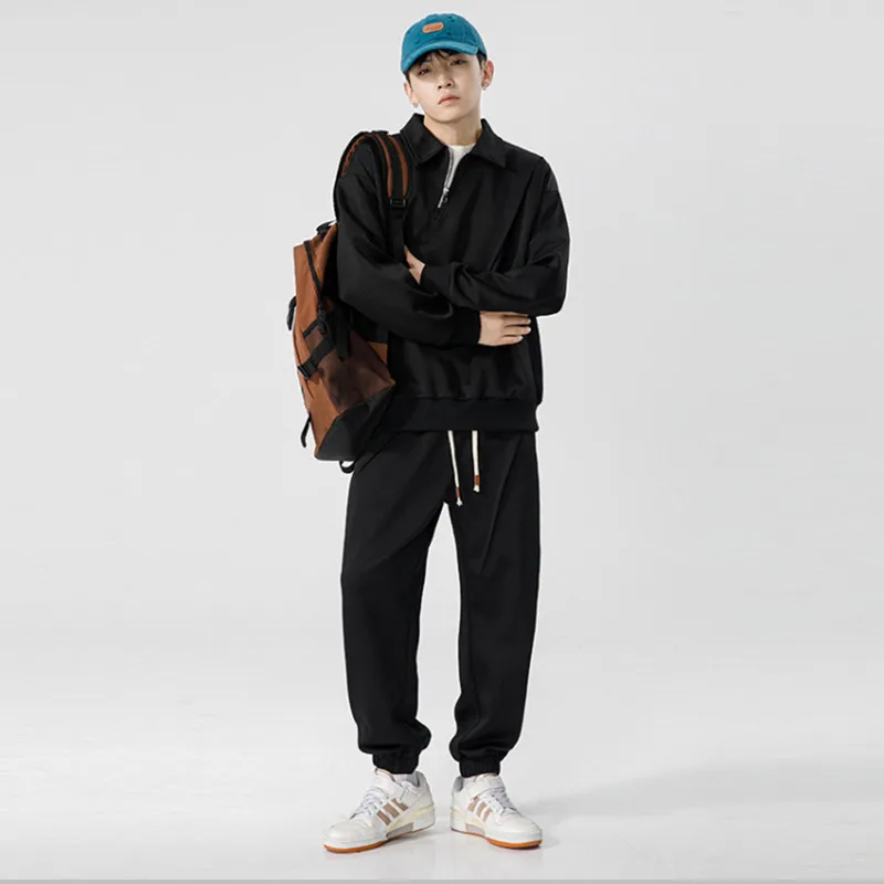 Spring and autumn new men's high-quality casual sports suit, men's fashion tide gang handsome with lapel oblique zipper 2-piece