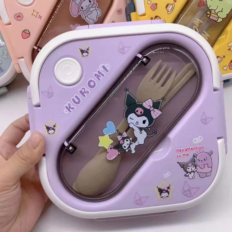 

Sanrios Kuromi Cinnamoroll Mymelody kawaii Anime Cartoon Microwave Lunch Box with Spoon Chopsticks 2/3 Grid Lunch Container Box
