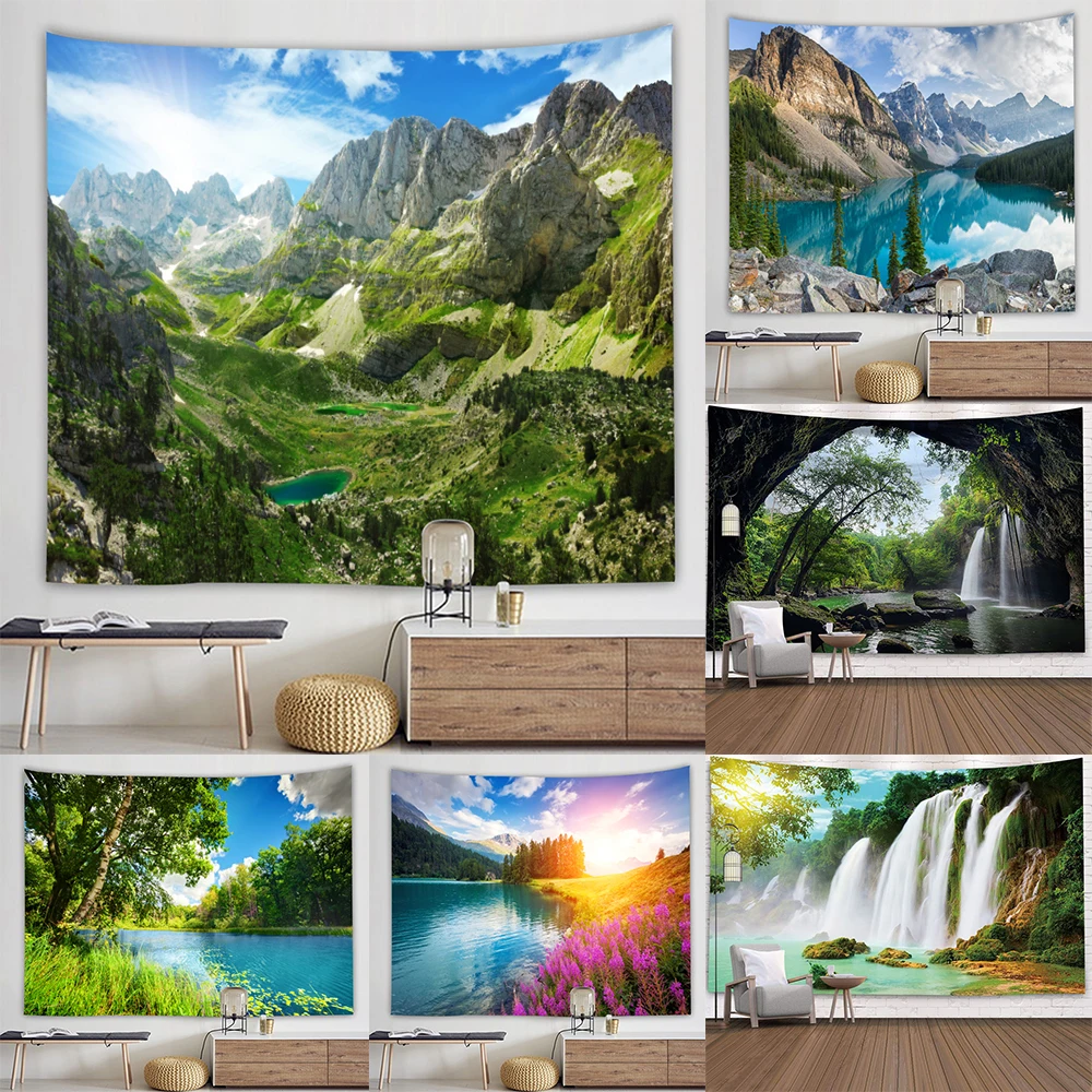 

3D HD Printing Ocean Forest Waterfall Tapestry Wall Hanging Blue Sky And White Clouds Landscape Hanging Cloth Home Decoration