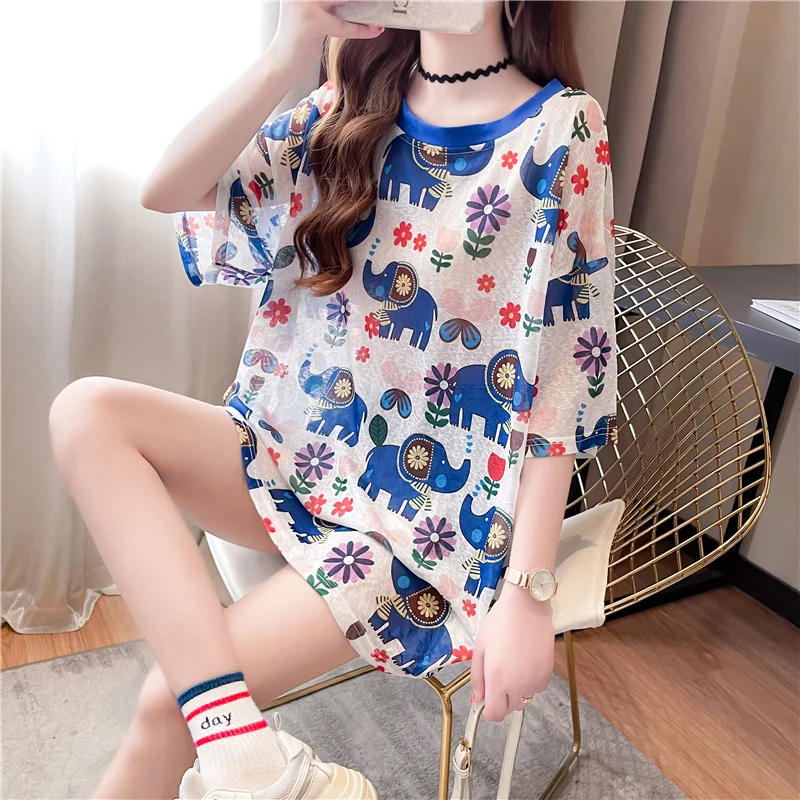 

#0652 Summer Sunscreen T Shirt Women Thin Flower Printed T Shirt Female O-neck Harajuku Loose Short Sleeve T Shirt Korean Style