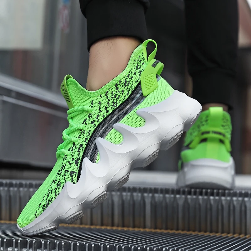 Модные вязаные мужские зеленые кроссовки размера плюс 40-48 дышащие нескользящие