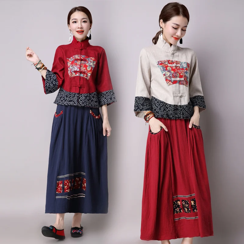 

Women Retro Cheongsam Tops Hanfu Skirts Oriental Clothing Set Fashion Lady Elegant Chinese Style Qipao Dress Zen Tea Tang Suit