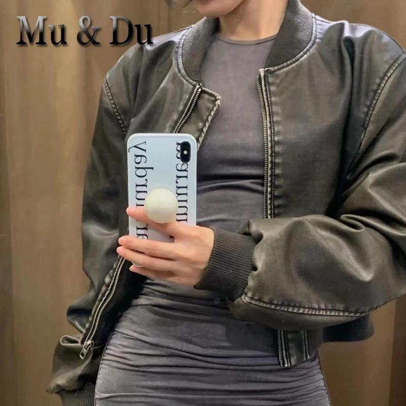 

Женская короткая мотоциклетная куртка Mu & Du, модная винтажная бейсбольная куртка из искусственной кожи на молнии, пальто, Y2k, уличная одежда, ...