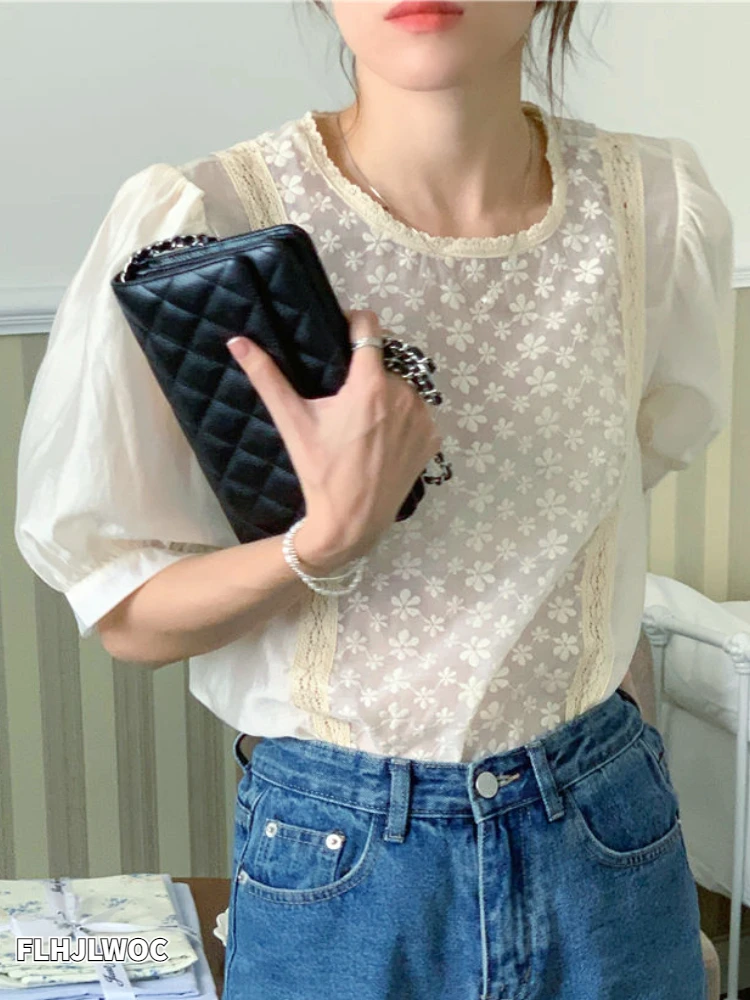 

Puff Sleeve Tops Blusas 2022 Woman Holiday Date Girls Chic Korea Flower Lace Mesh Transparent Sexy Floral Embroidery Blouses