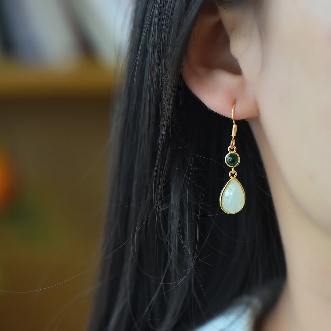 Серьги-подвески из натурального нефрита с белым нефритом женские ювелирные