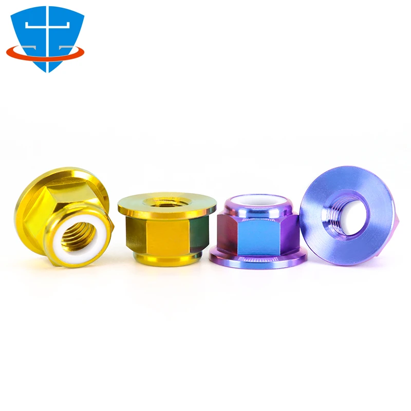 

M5 M6 M8 M10 M12 DIN1663 TC4 Gold Purple Titanium Alloy Flange Nylon Lock Nut For Bicycle Bike Motorcycle Car Refit Repair