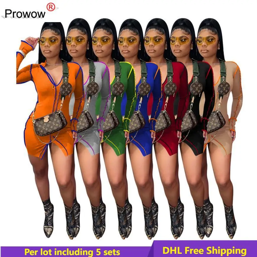 

Женское облегающее платье, повседневная обтягивающая мини-юбка с длинным рукавом и V-образным вырезом, оптовая продажа оптом, DHL 6933