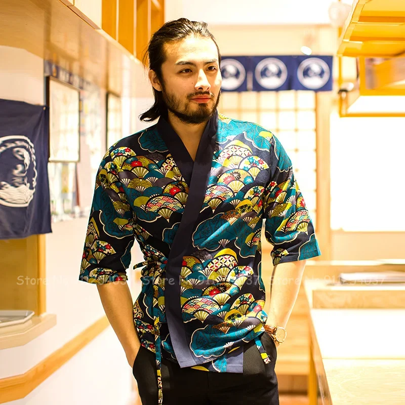 Мужское кимоно с принтом ресторан суши-повар рабочая форма топы пальто халат для