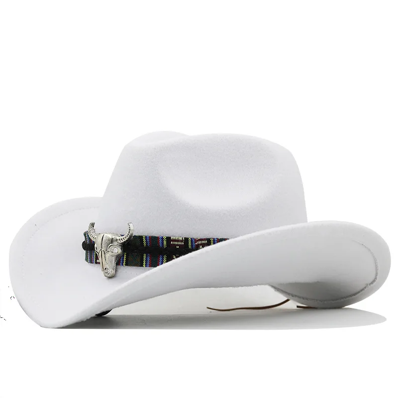 

QBHAT Solid Color Faux Wool Felt Cowboy Hat Women Men Roll Up Brim Fedora Hats with Cow Head Band Jazz Top Hat for Party Travel