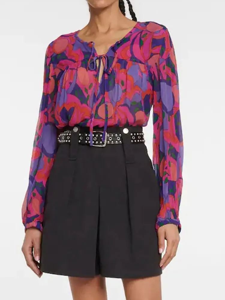 

2022 Spring and Summer New Women Shirts Muti-color Print Long Sleeve Collar Lace-up Blouse