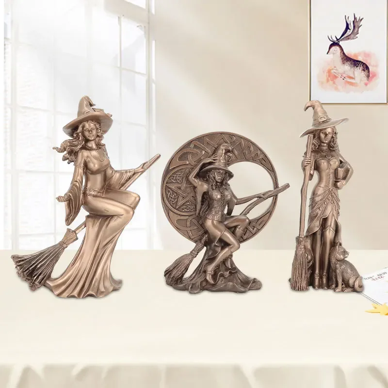 

New Broom Witch Decorative Figurines Ornaments Resin Crafts Desk Home Decor Wizard Character Statue Living Room Decoration
