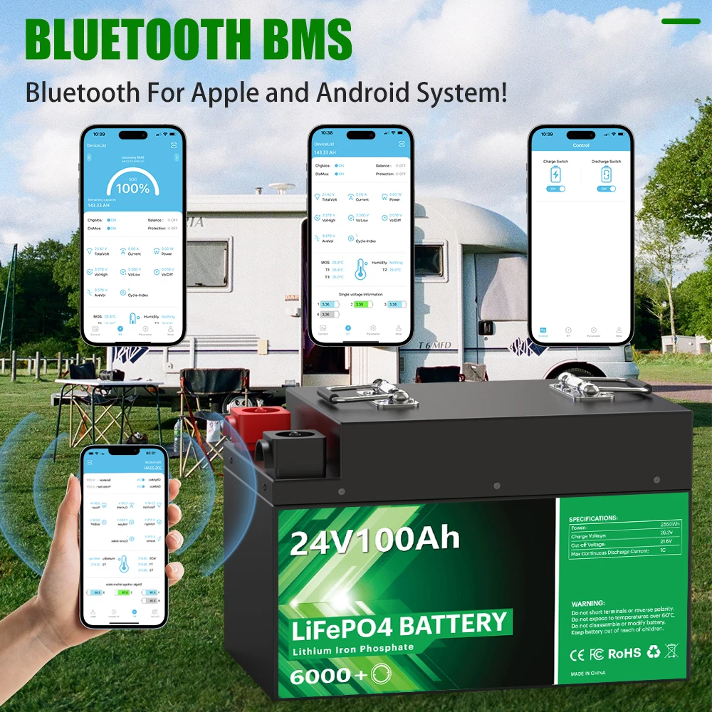 24 В 100 Ач LiFePO4 Аккумулятор 2560 Втч Bluetooth 8S 100A BMS 6000 циклов 12 200 Литиевый аккумулятор на