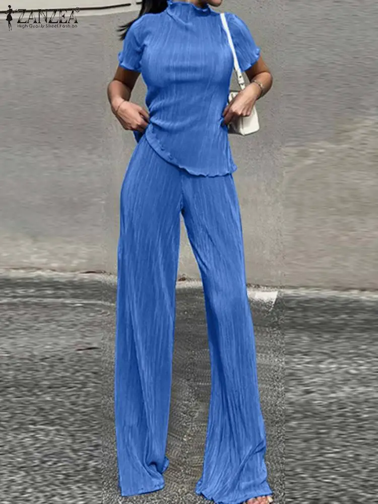 

Костюм ZANZEA женский летний Повседневный плиссированный, Модный уличный костюм из 2 предметов с брюками с завышенной талией, топ с коротким рукавом, спортивный костюм, 2023