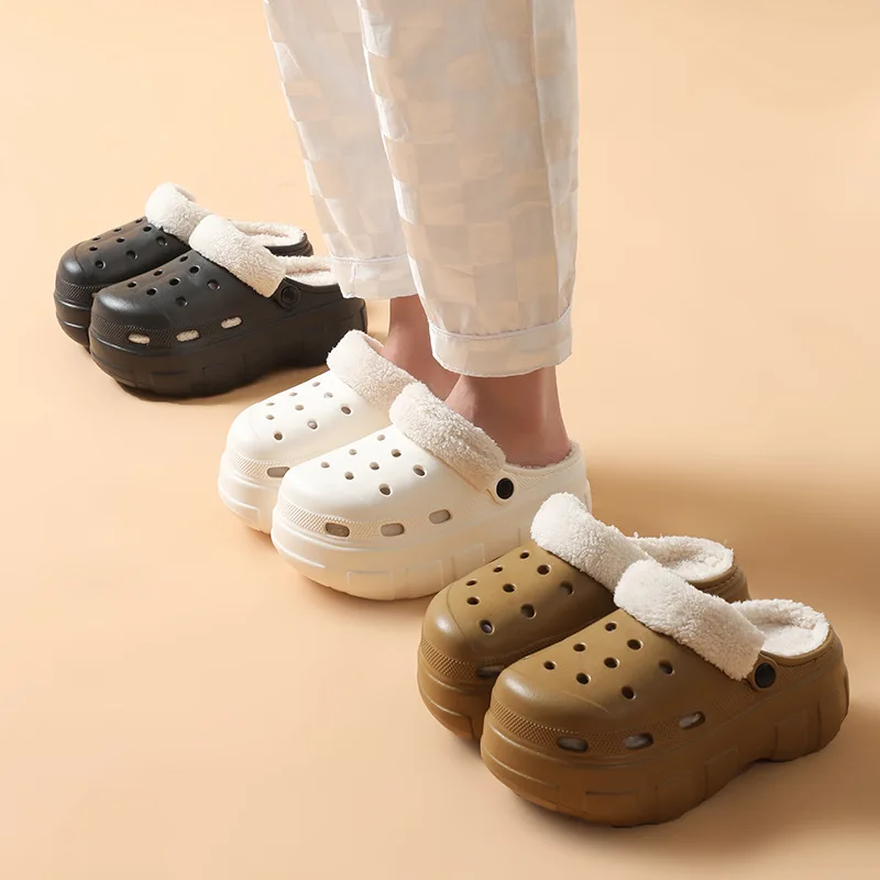 New Woman Warm Outdoor Furry Plush Heighten Platform Slippers Winter Shoes Casual Home Cotton Shoes Hollow Out Plush Slippers