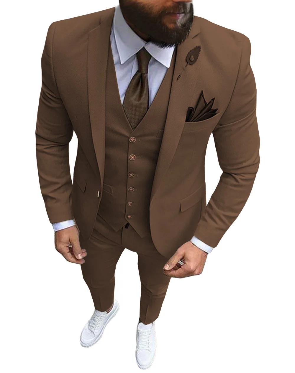 

Men Suits 3 Pieces Slim Fit Casual Business Champagne Lapel Khaki Formal Tuxedos for Wedding Groomsmen (Blazer+Pants+Vest)