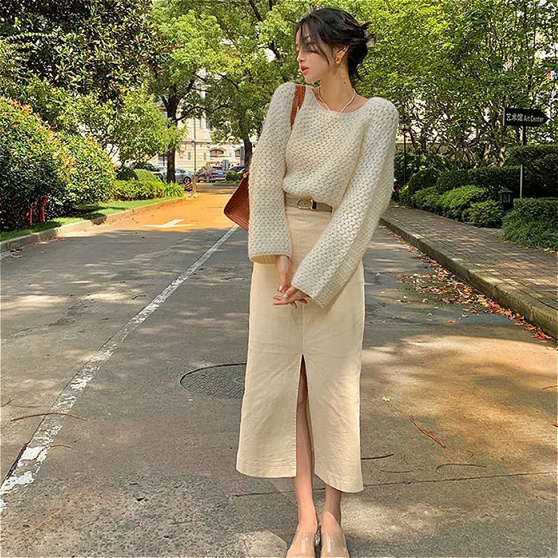 

Skirts Women Side Slit Design Aesthetic A-Line Empire BF Fashion Popular All-match Mujer Bottom Oversized Solid Vintage Corduroy